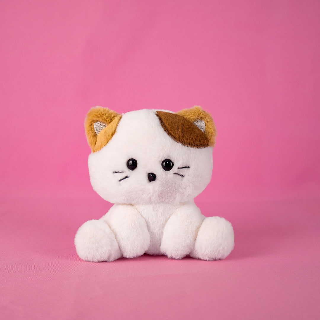 Peluche de perrito rosa y blanco sentado sobre fondo rosa