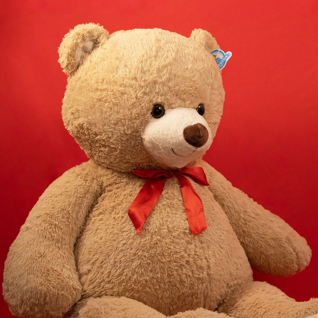 Oso de peluche gigante color café sentado ocupando todo el fondo rojo