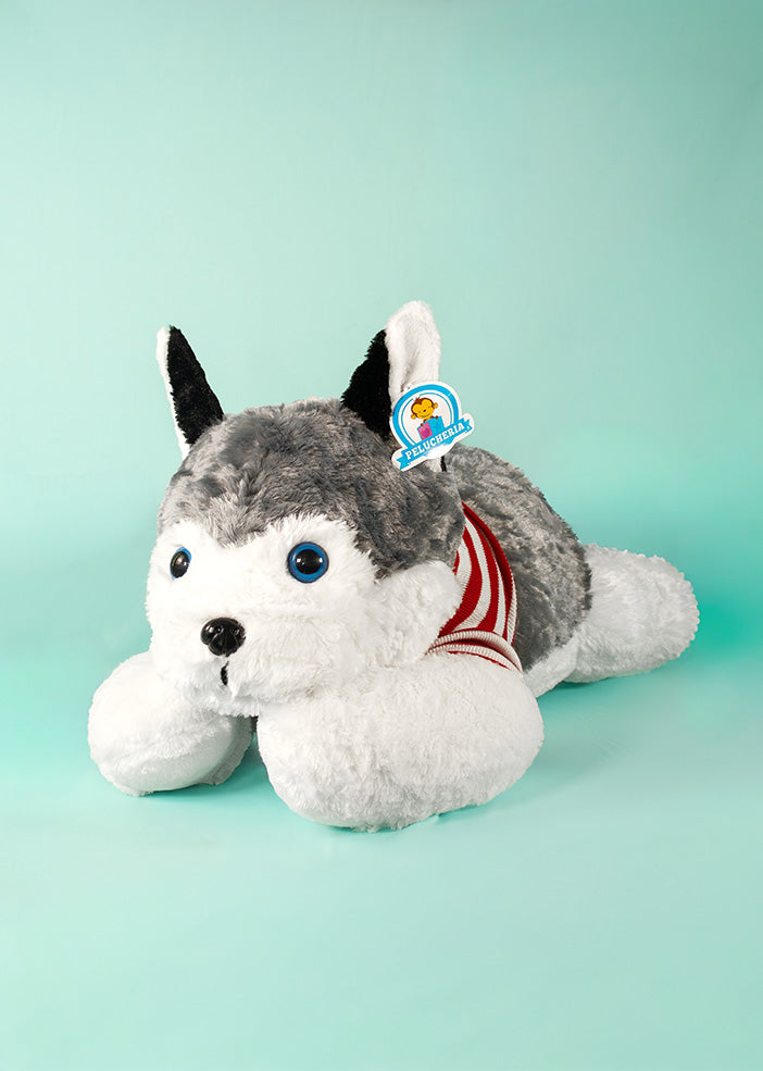 Peluche de perrito Husky gris con blanco acostado sobre fondo verde