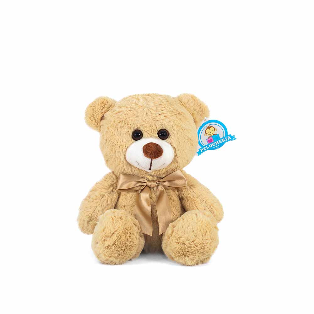 Oso de peluche color café, suave, sentado y con moño, ideal para regalo, baby showers, eventos y fiestas. Peluches al mayoreo 