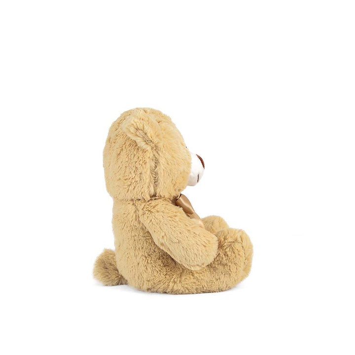 Oso de peluche color café, suave, sentado y con moño, ideal para regalo, baby showers, eventos y fiestas. Peluches al mayoreo 
