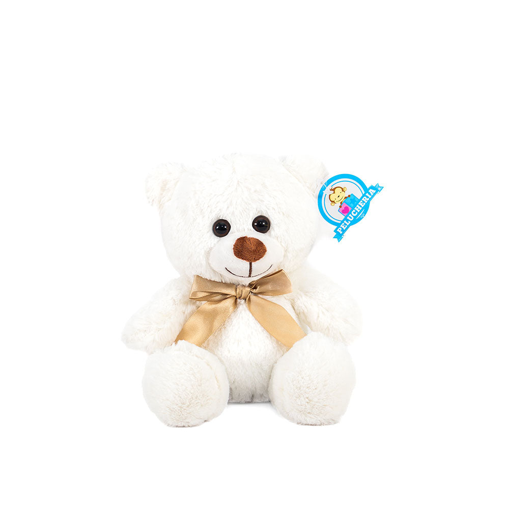 Oso de peluche color blanco, suave, sentado y con moño, ideal para regalo, baby showers, eventos y fiestas. Peluches al mayoreo 