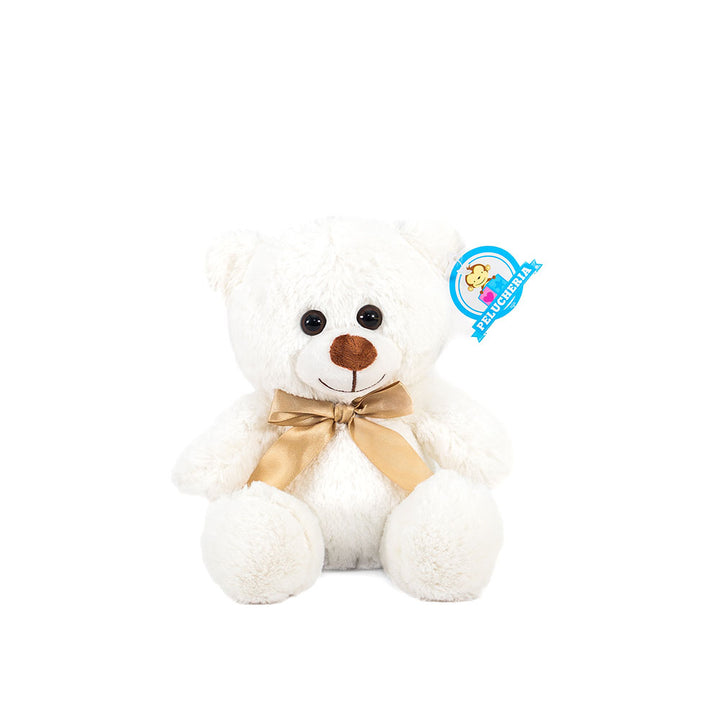 Oso de peluche color blanco, suave, sentado y con moño, ideal para regalo, baby showers, eventos y fiestas. Peluches al mayoreo 