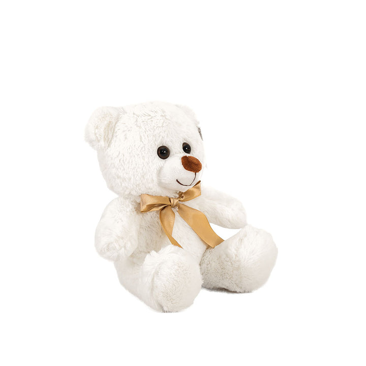 Oso de peluche color blanco, suave, sentado y con moño, ideal para regalo, baby showers, eventos y fiestas. Peluches al mayoreo 