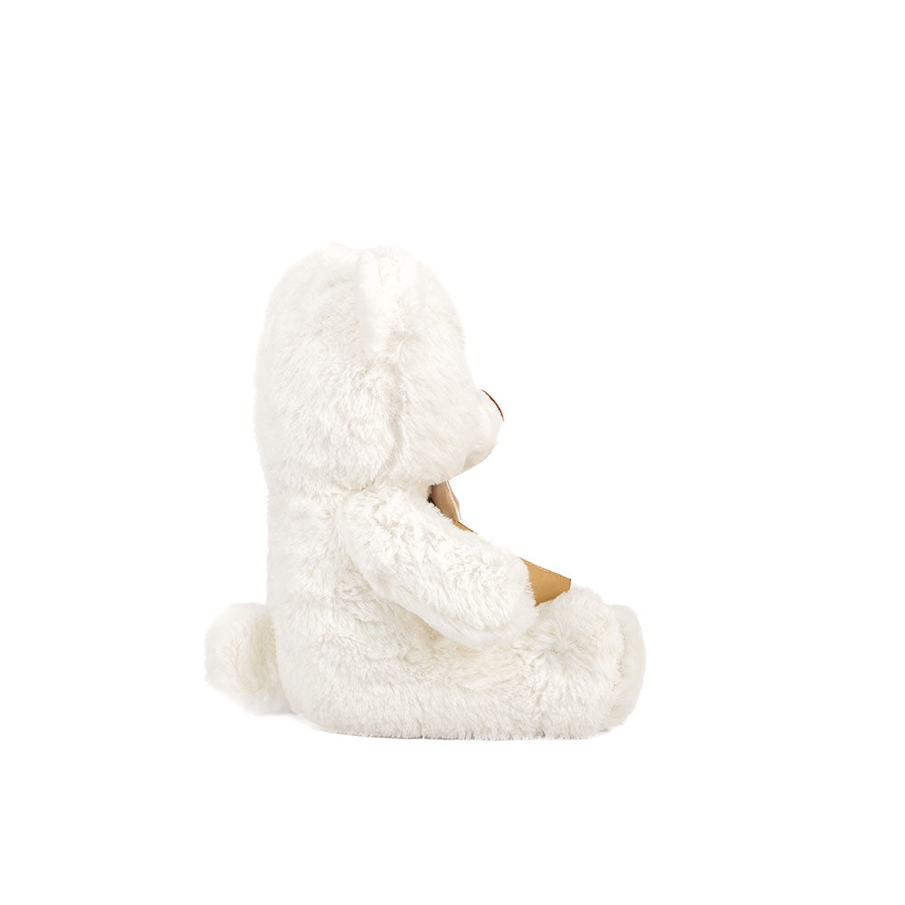 Oso de peluche color blanco, suave, sentado y con moño, ideal para regalo, baby showers, eventos y fiestas. Peluches al mayoreo 