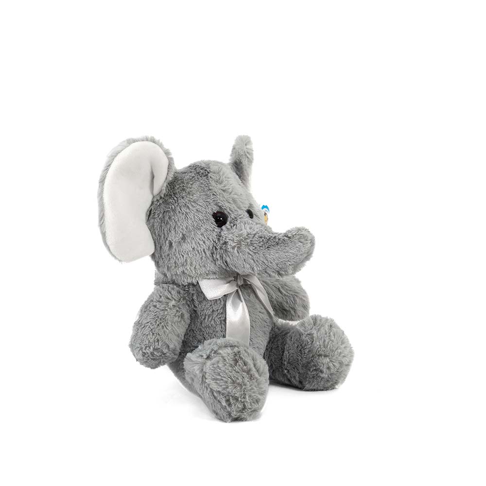 Elefante de peluche gris con orejas grandes y trompa suave, perfecto para toda ocasión