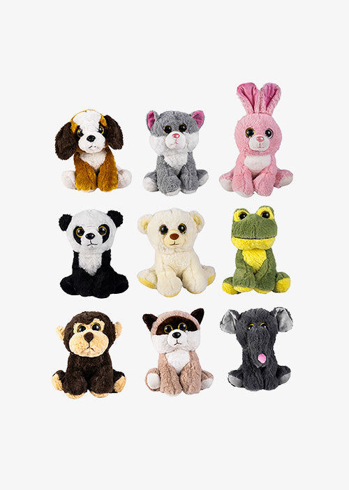 Set de 9 piezas Zoológico de peluche animales de 25 cm, perro, gato, conejo, panda, oso, rana, chango, mapache y elefante