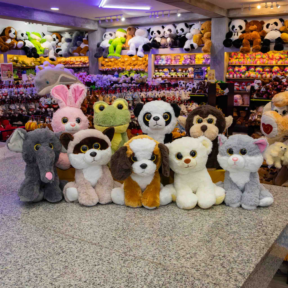 Set de 9 piezas Zoológico de peluche animales de 25 cm, perro, gato, conejo, panda, oso, rana, chango, mapache y elefante