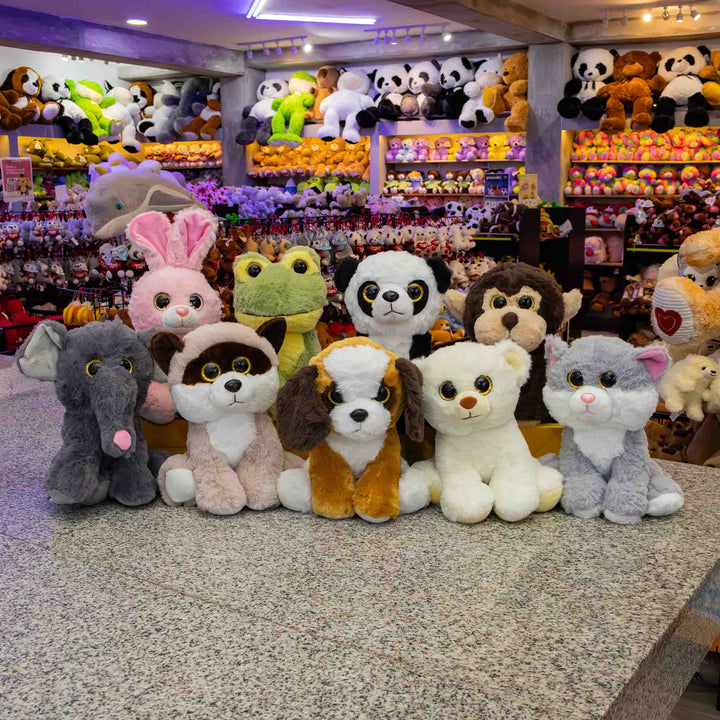 Set de 9 piezas Zoológico de peluche animales de 25 cm, perro, gato, conejo, panda, oso, rana, chango, mapache y elefante