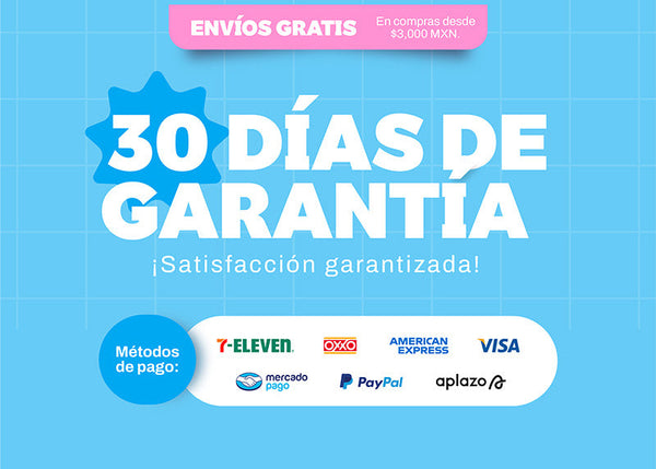 Banner de Garantía de 30 Días con Envíos Gratis y métodos de pago aceptados, con la mascota de Peluchería
