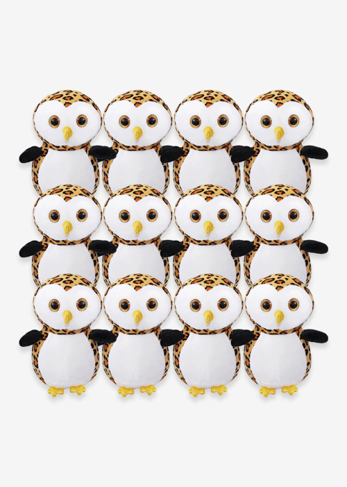 Búho de peluche con detalles brillantes y colores. Ideal para mayoristas y distribuidores. Peluches para maquinas