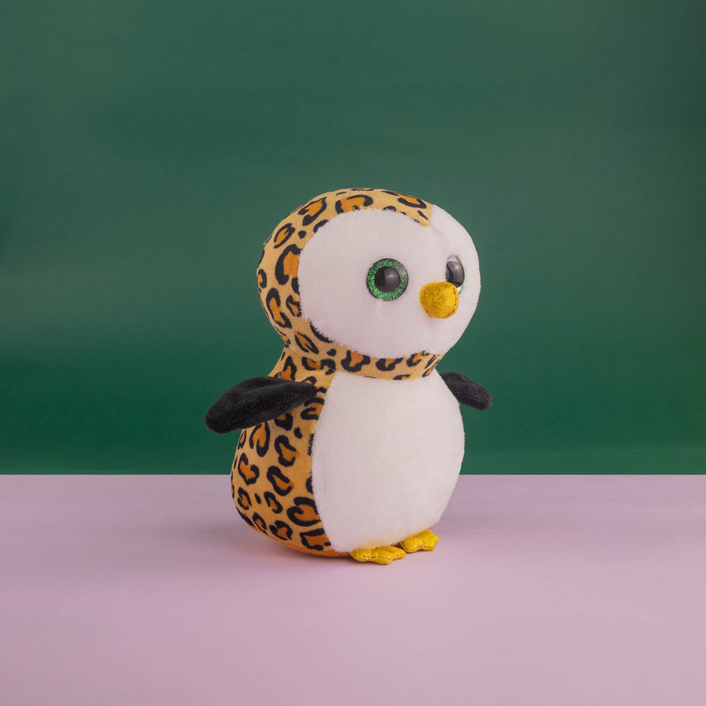 Búho de peluche con detalles brillantes y colores. Ideal para mayoristas y distribuidores. Peluches para maquinas 