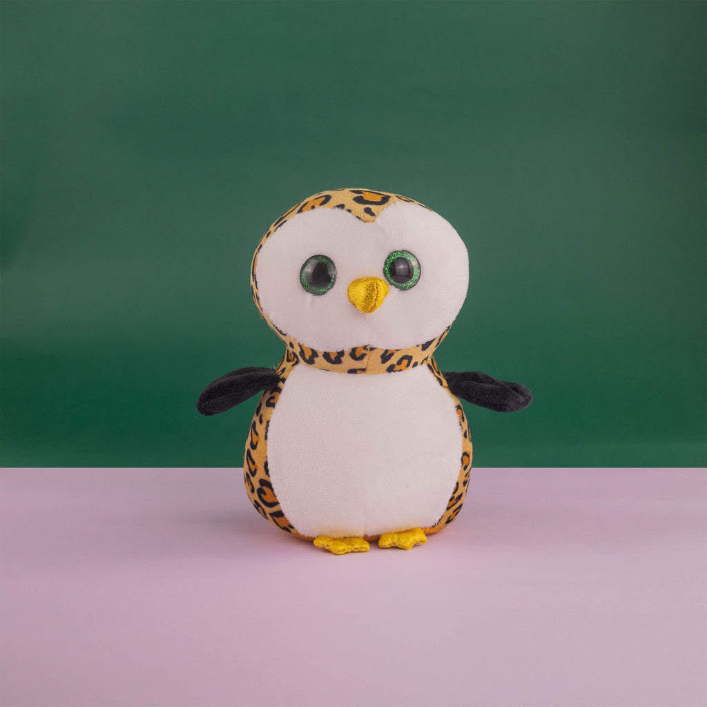 Búho de peluche con detalles brillantes y colores. Ideal para mayoristas y distribuidores. Peluches para maquinas 