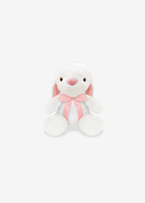 Conejo de peluche blanco con orejas largas, felpa suave y moño decorativo.