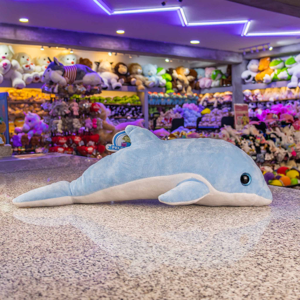 Delfín de peluche color azul, perfecto para regalar. Peluches marinos al mayoreo