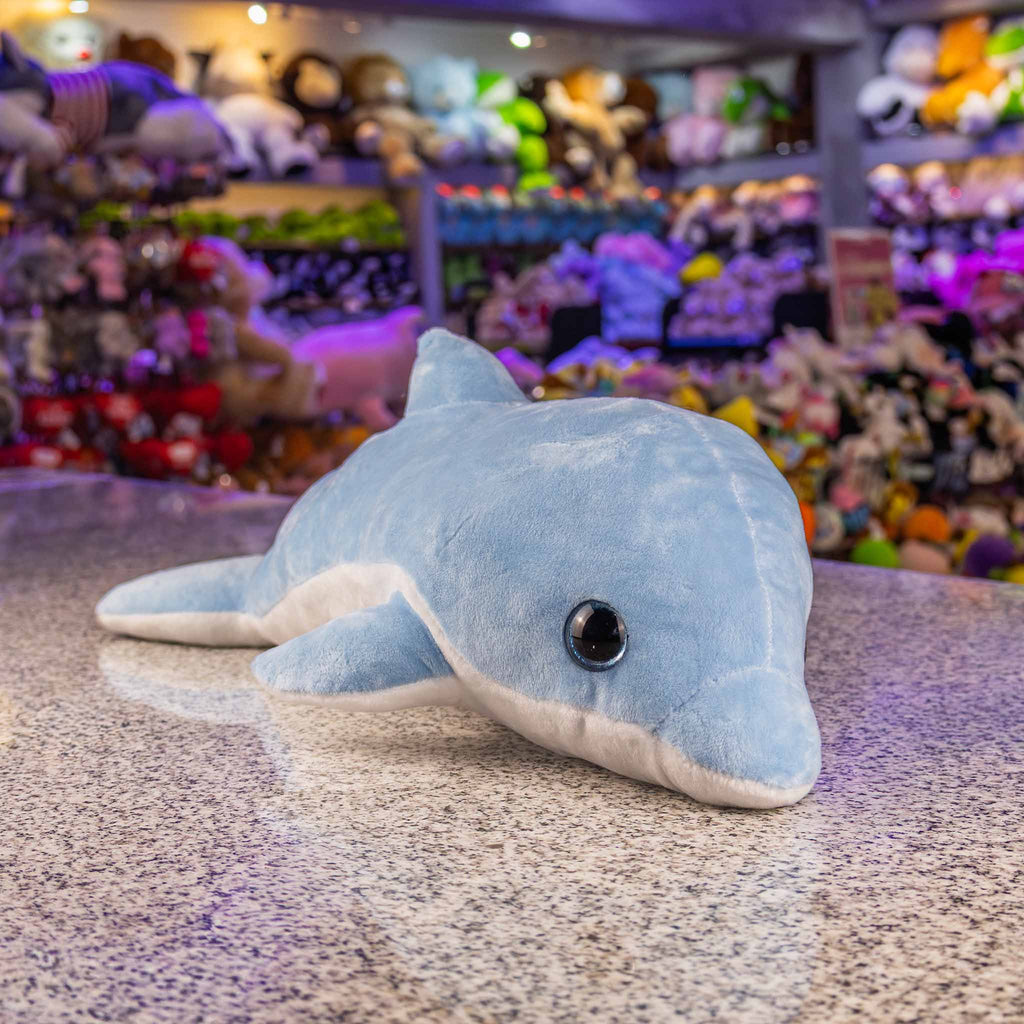 Delfín de peluche color azul, perfecto para regalar. Peluches marinos al mayoreo