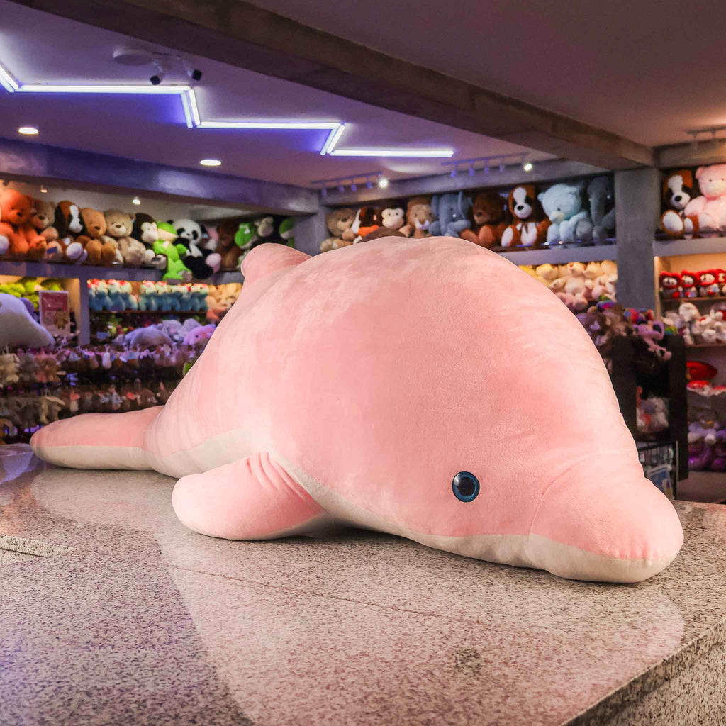 Delfín rosa de peluche gigante, ideal para mayoreo. Distribuidores y mayoristas. Peluches al mayoreo 