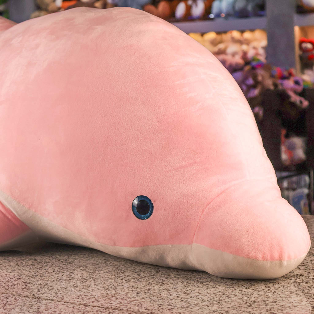 Delfín rosa de peluche gigante, ideal para mayoreo. Distribuidores y mayoristas. Peluches al mayoreo 