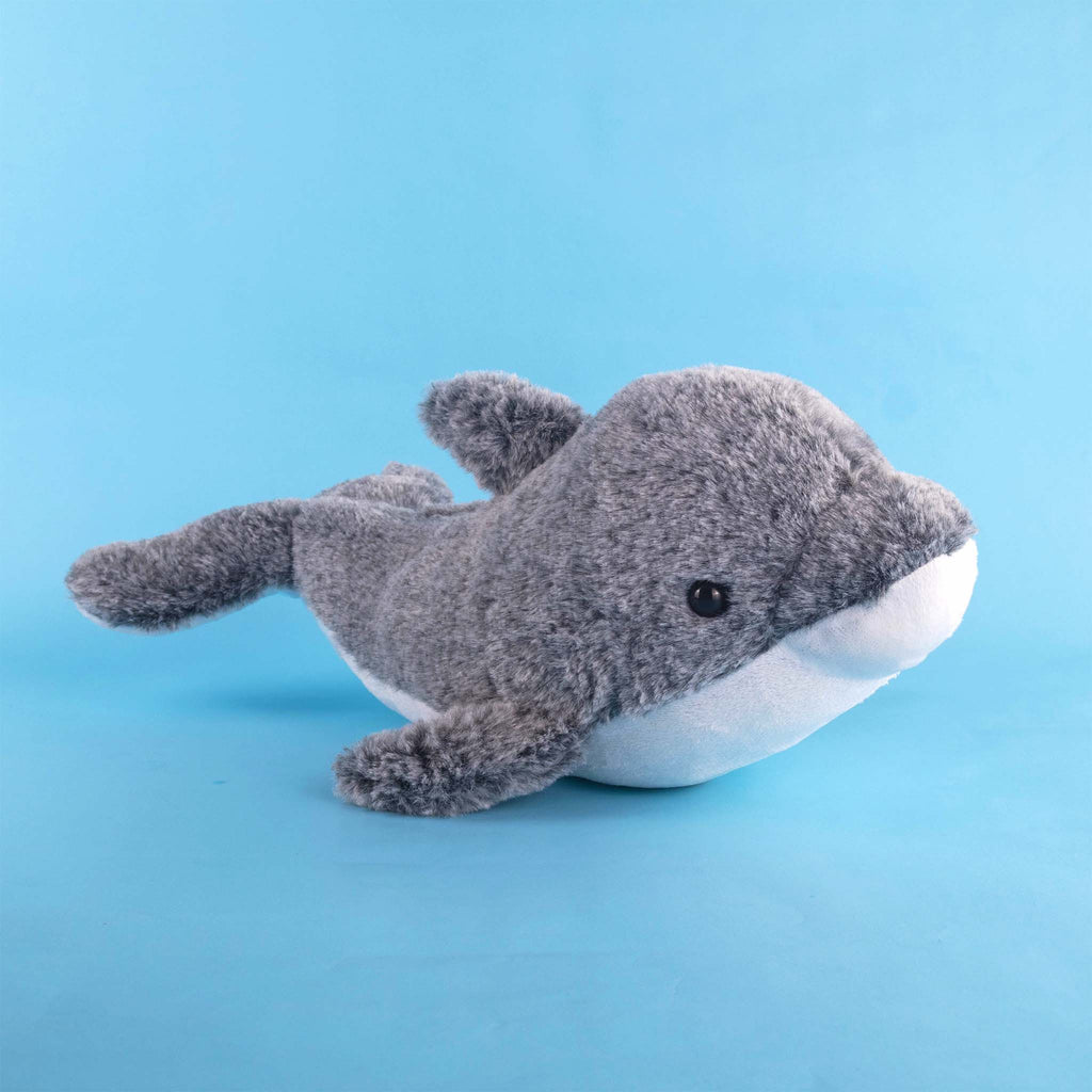 Delfín de peluche al mayoreo, con detalles brillantes. Ideal para distribuidores. Variedad y materiales de calidad