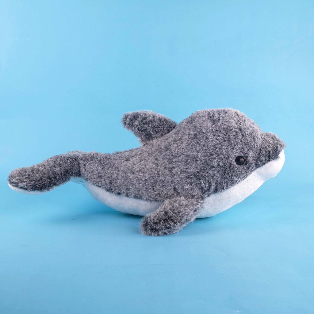 Delfín de peluche al mayoreo, con detalles brillantes. Ideal para distribuidores. Variedad y materiales de calidad