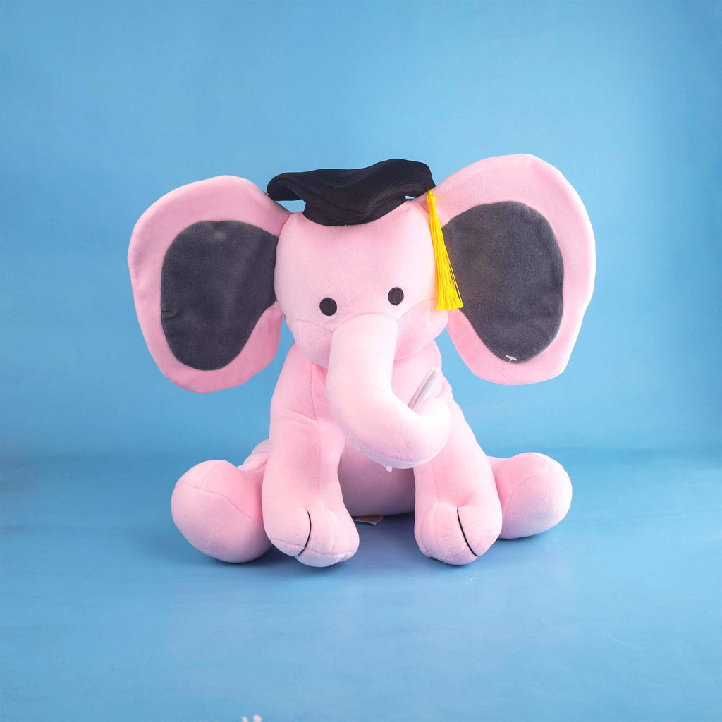Elefante de peluche color rosa, peluche de graduación, ideales para regalar en este día tan especial 