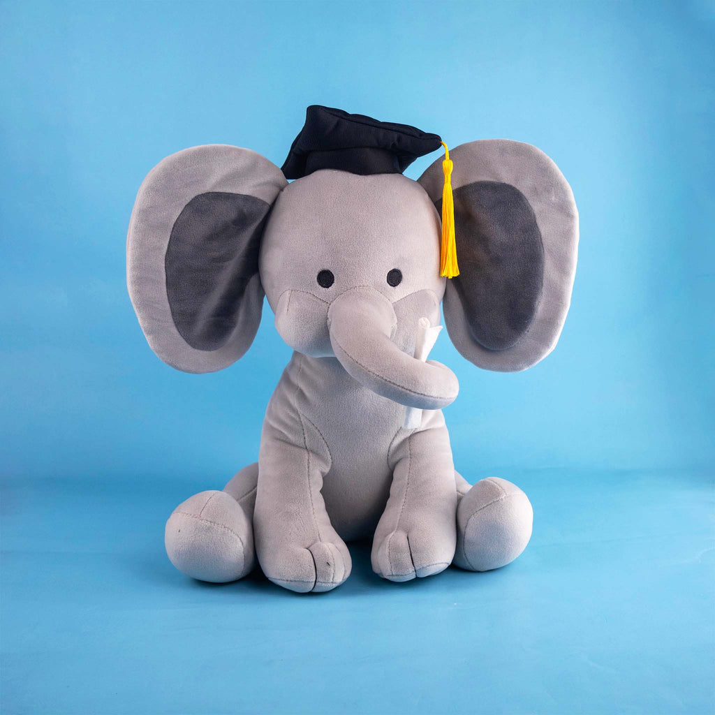 Elefante de peluche color gris, peluche de graduación, ideales para regalar en este día tan especial 