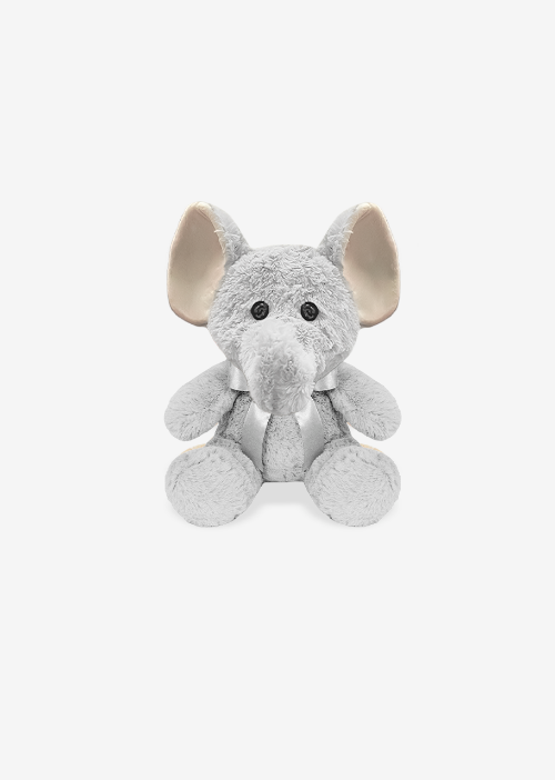 Elefante de peluche gris con orejas grandes y trompa suave, perfecto para toda ocasión