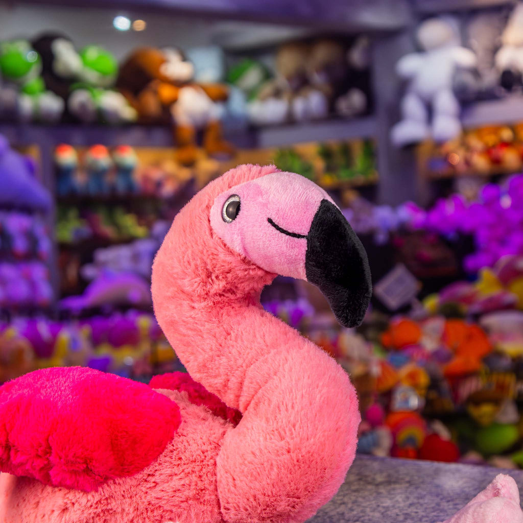 Flamingo de peluche color rosa, con detalles negros, ideal para tiendas de regalo y mayoristas