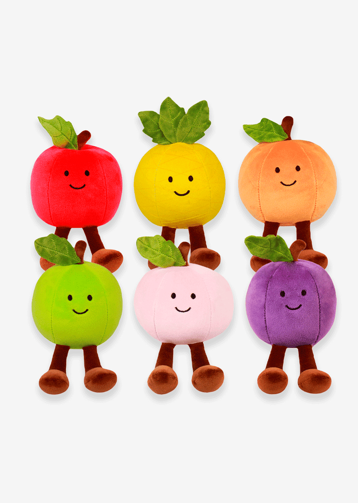 Frutas y comida de peluche al mayoreo. Colores surtidos con caritas felices 