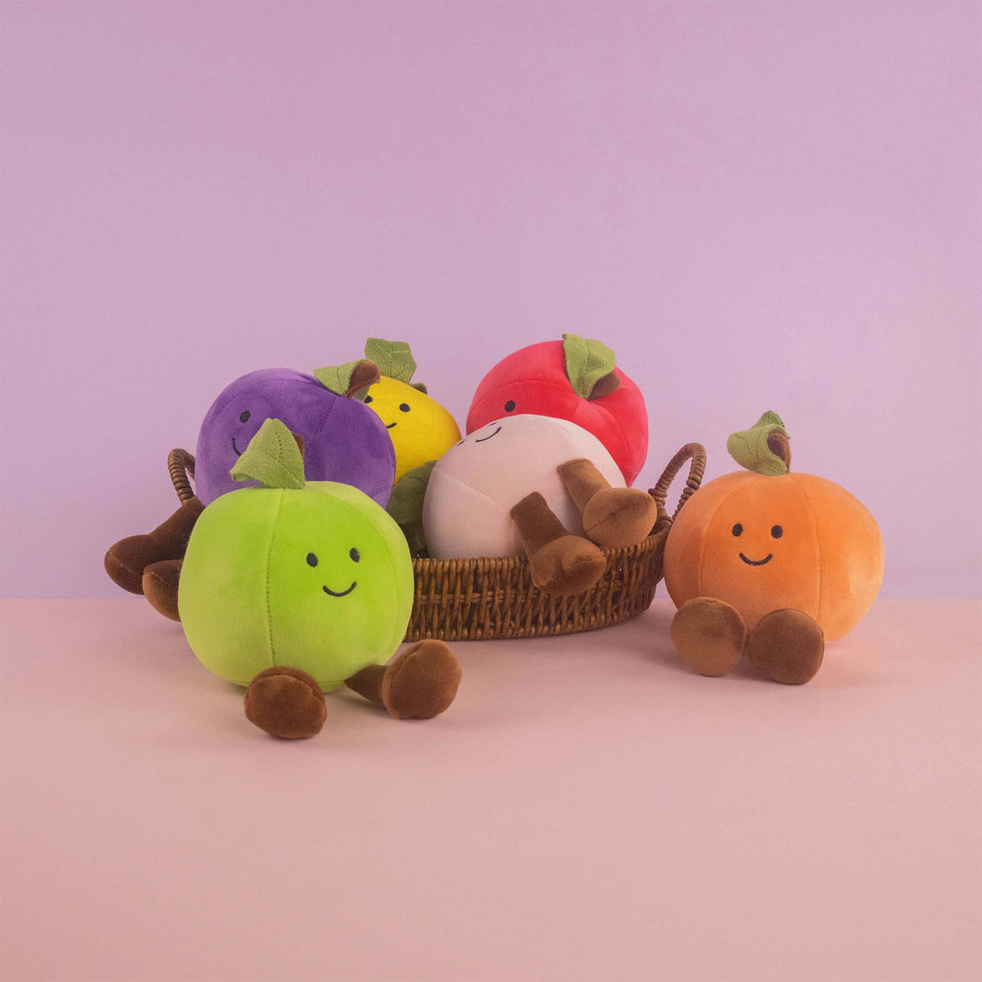 Frutas y comida de peluche al mayoreo. Colores surtidos con caritas felices 