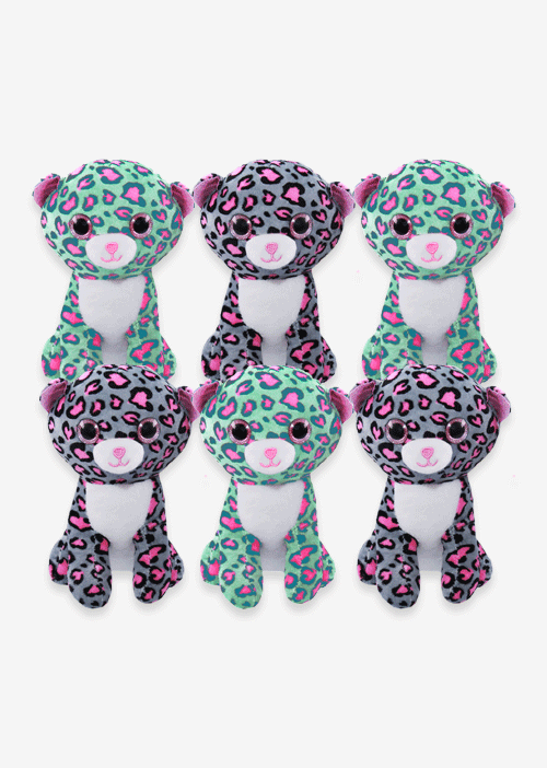 Leopardo de peluche al mayoreo, detalles brillantes. Ideales para tiendas de regalos y distribuidores 