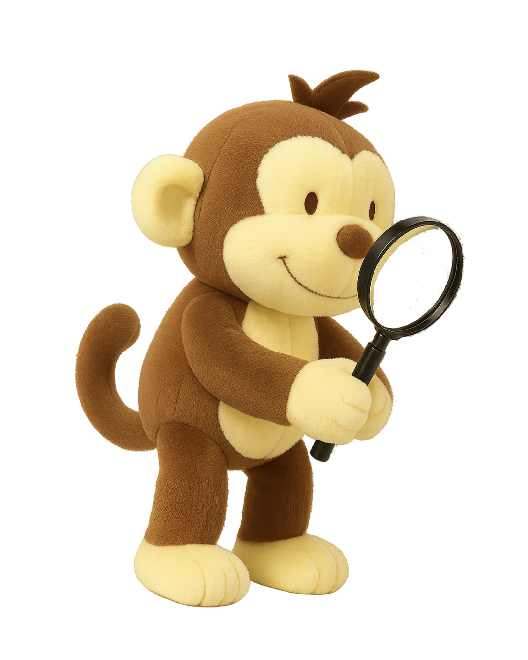 Miko el chango de peluche buscando con una lupa