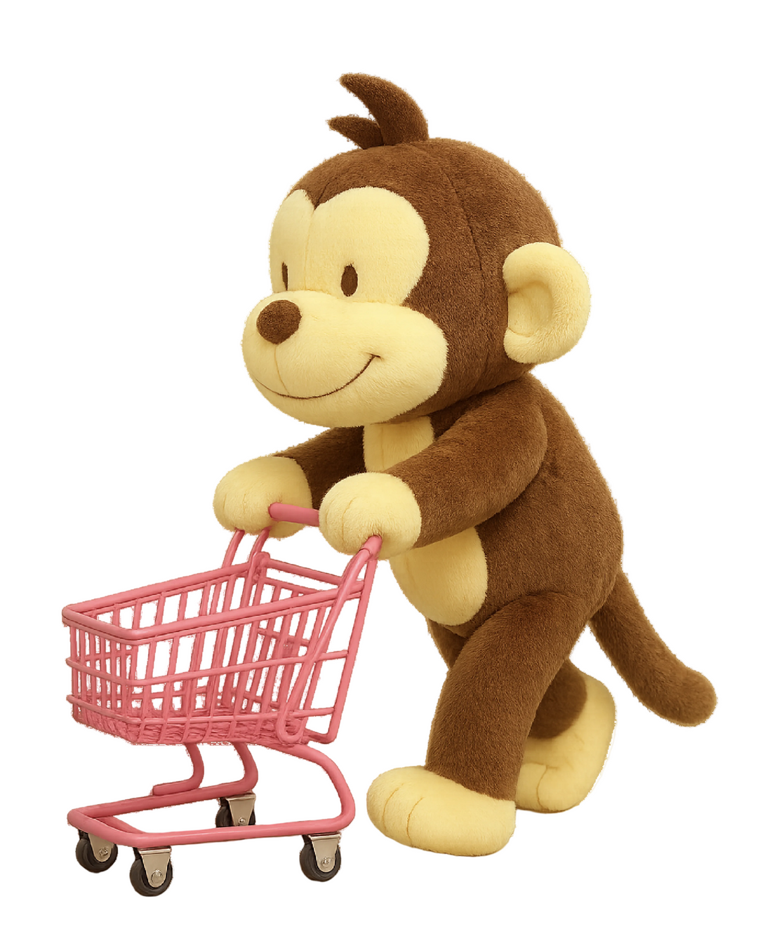 Miko el chango de peluche con un carrito de compras 