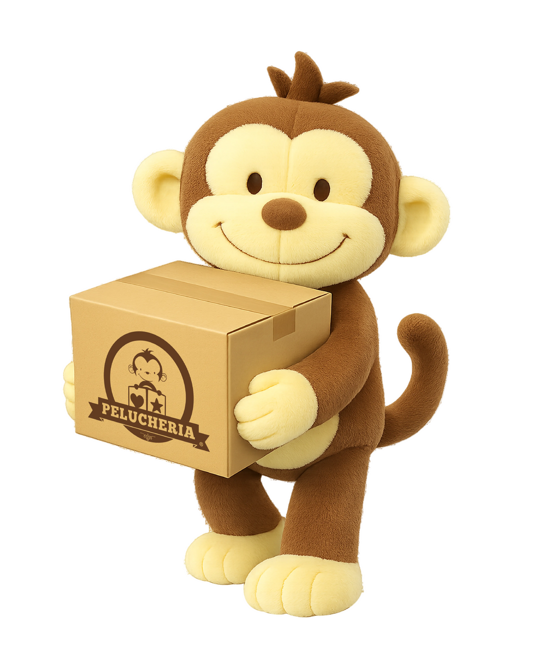 Miko el chango de peluche con una caja de pelucheria