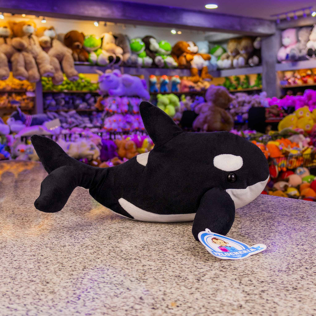 Orca de peluche al mayoreo, con detalles brillantes. Ideal para distribuidores. Variedad y materiales de calidad