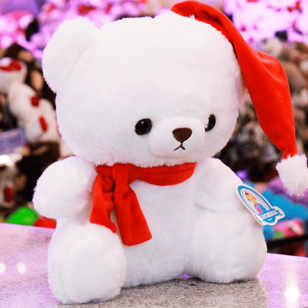 Oso navideño de peluche, con gorrito y bufanda, perfecto para regalar esta navidad