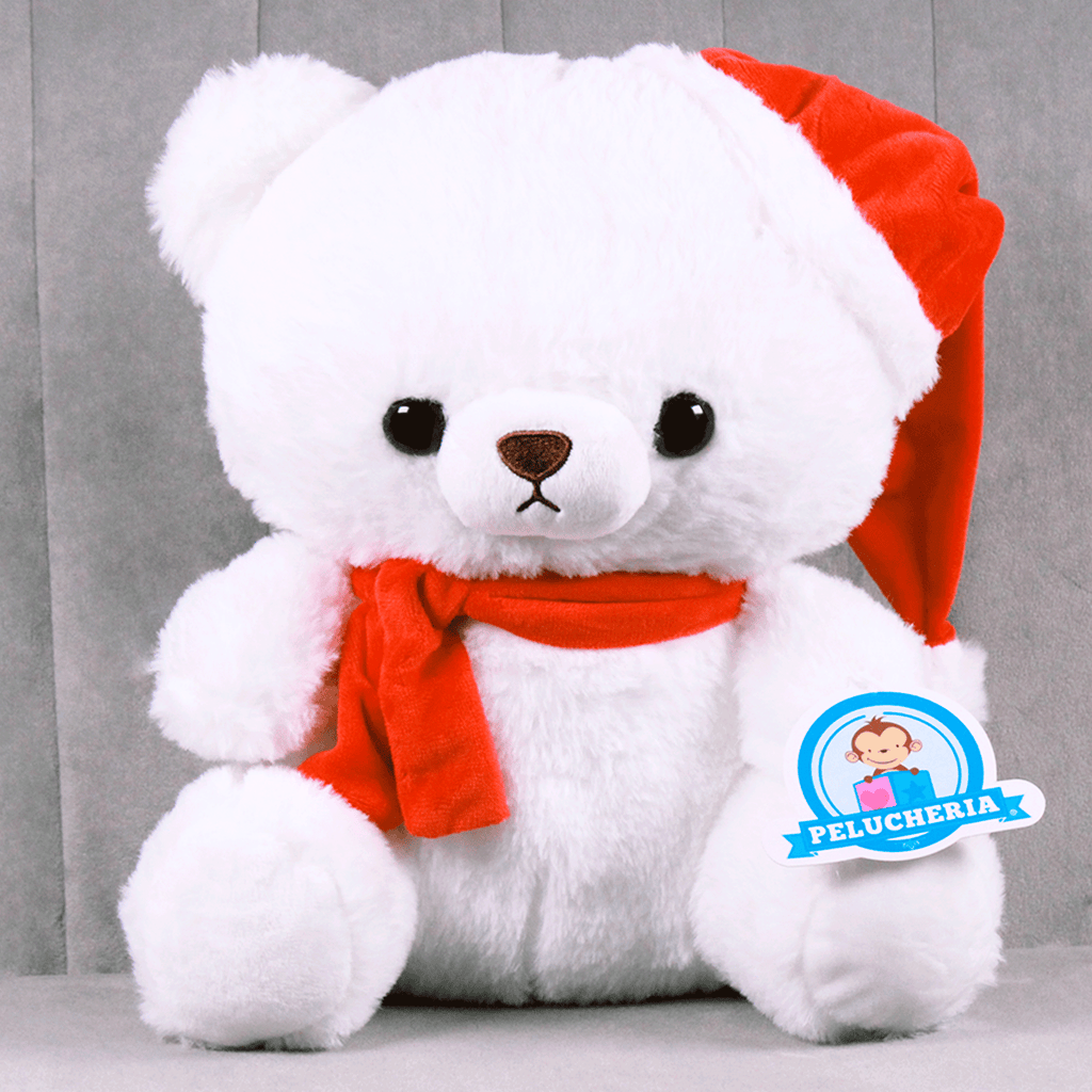 Oso navideño de peluche, con gorrito y bufanda, perfecto para regalar esta navidad