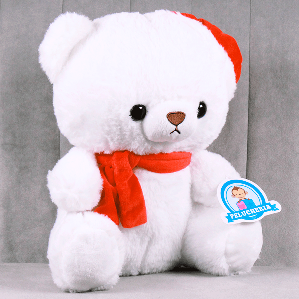 Oso navideño de peluche, con gorrito y bufanda, perfecto para regalar esta navidad