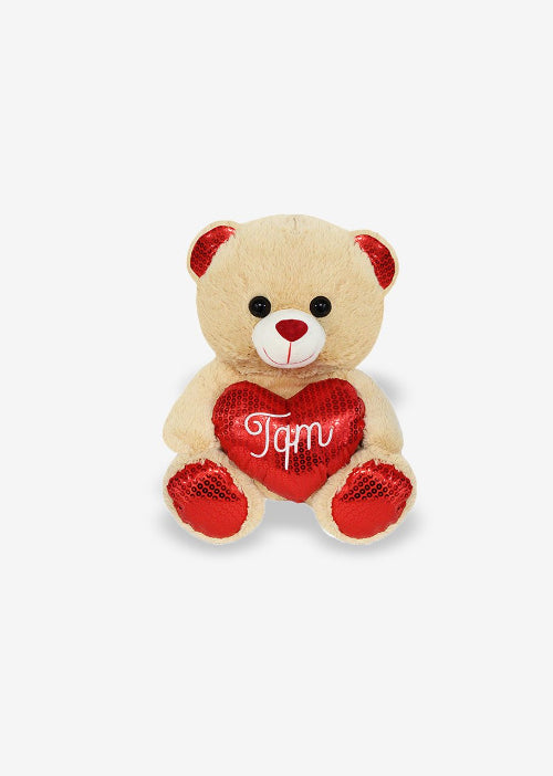 Oso de peluche con corazón color café, abrazable y tierno 