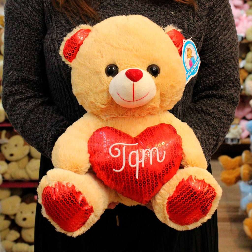 Oso de peluche con corazón color café, abrazable y tierno 