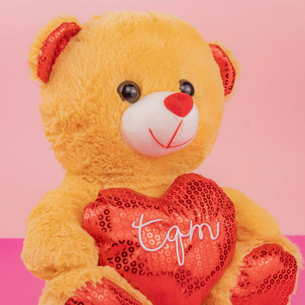 Oso de peluche con corazón ideal para San Valentín , suave y abrazable . Tiendas de regalos y distribuidores 