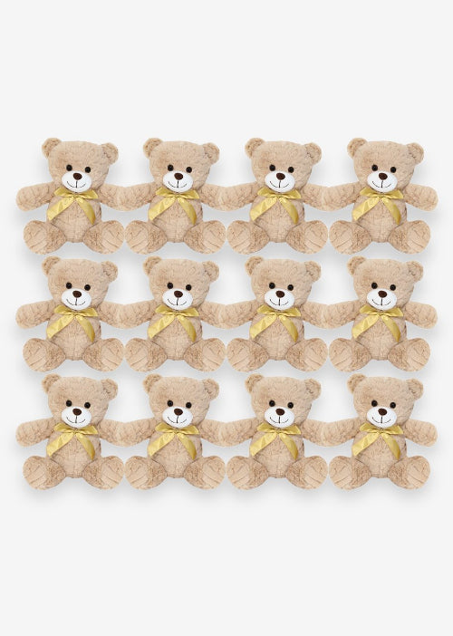 Oso de peluche color café con moño decorativo, suave y tierno, ideal para centros de mesa, regalos o recuerdos especiales.

