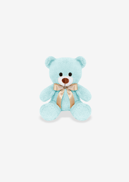 Oso de peluche color azul claro, de felpa suave, sentado y con moño decorativo.