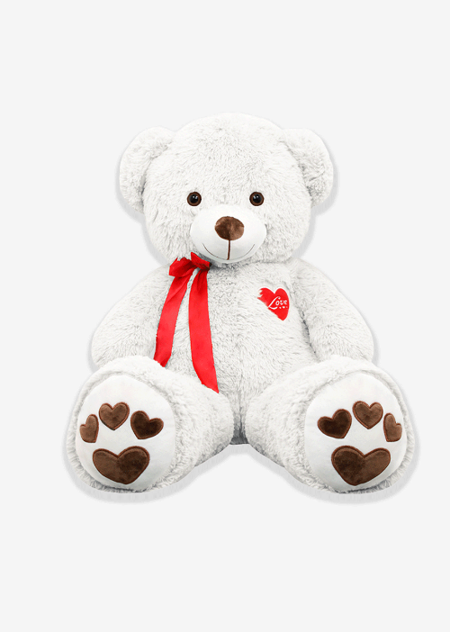 Oso de peluche blanco con corazón rojo, tierno y suave, ideal para regalos y venta en mayoreo