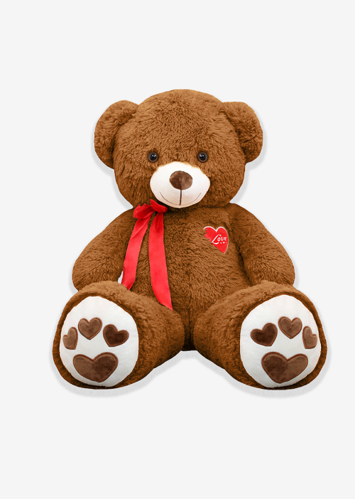 Oso de peluche café con corazón rojo, suave y tierno, ideal para regalar y venta en mayoreo