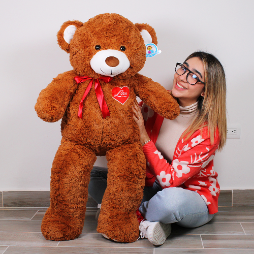 Oso de peluche café con corazón rojo, suave y tierno, ideal para regalar y venta en mayoreo