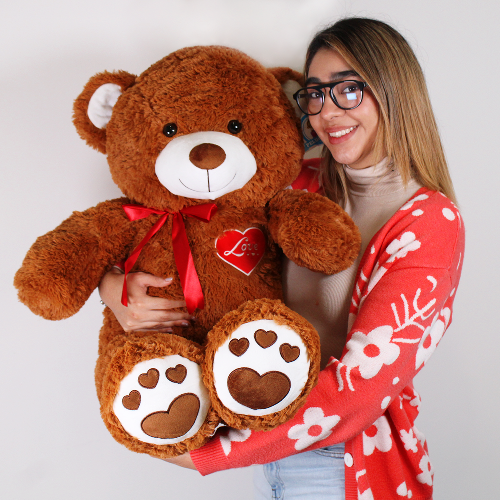 Oso de peluche café con corazón rojo, suave y tierno, ideal para regalar y venta en mayoreo