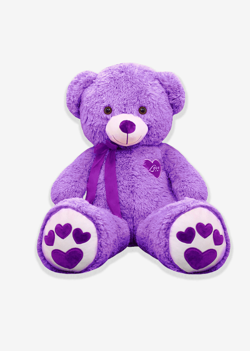 Oso de peluche morado, suave y esponjoso, ideal para regalo o venta en mayoreo.