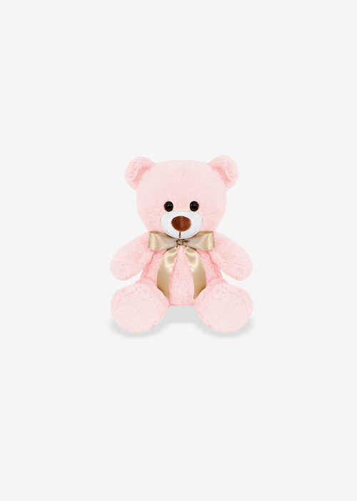 Oso de peluche color rosa con moño decorativo, ideal para regalo romántico o infantil.