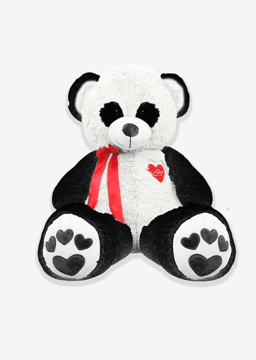 Panda de peluche con corazón rojo, ideal para regalar, disponible para venta en mayoreo.